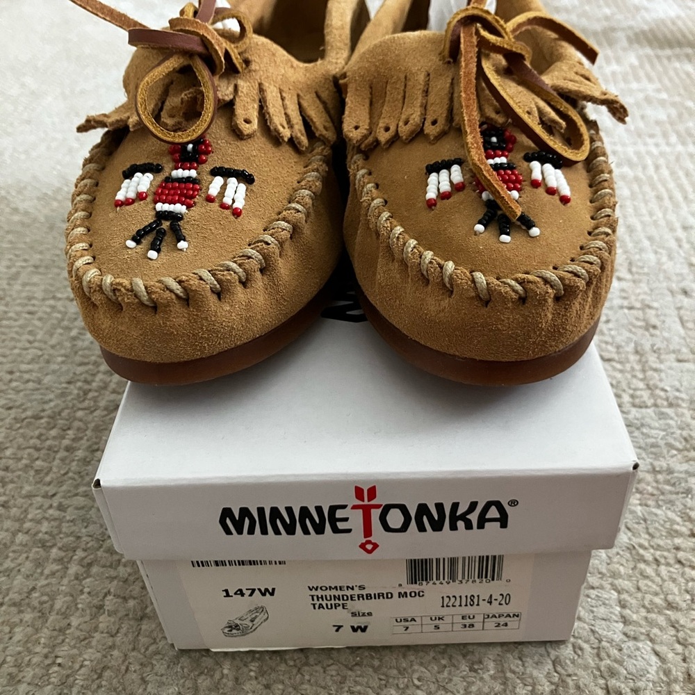 Minnetonka Women's Taupe  thunderbird Moccasins brand new with box